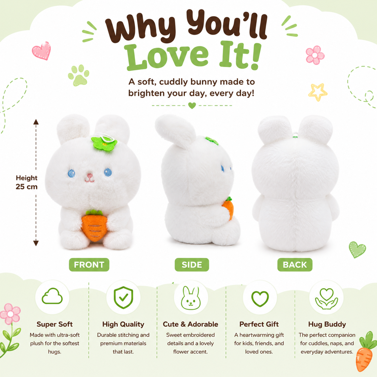 Carrot Bunny Plush – 25cm Soft White Rabbit Stuffed Toy