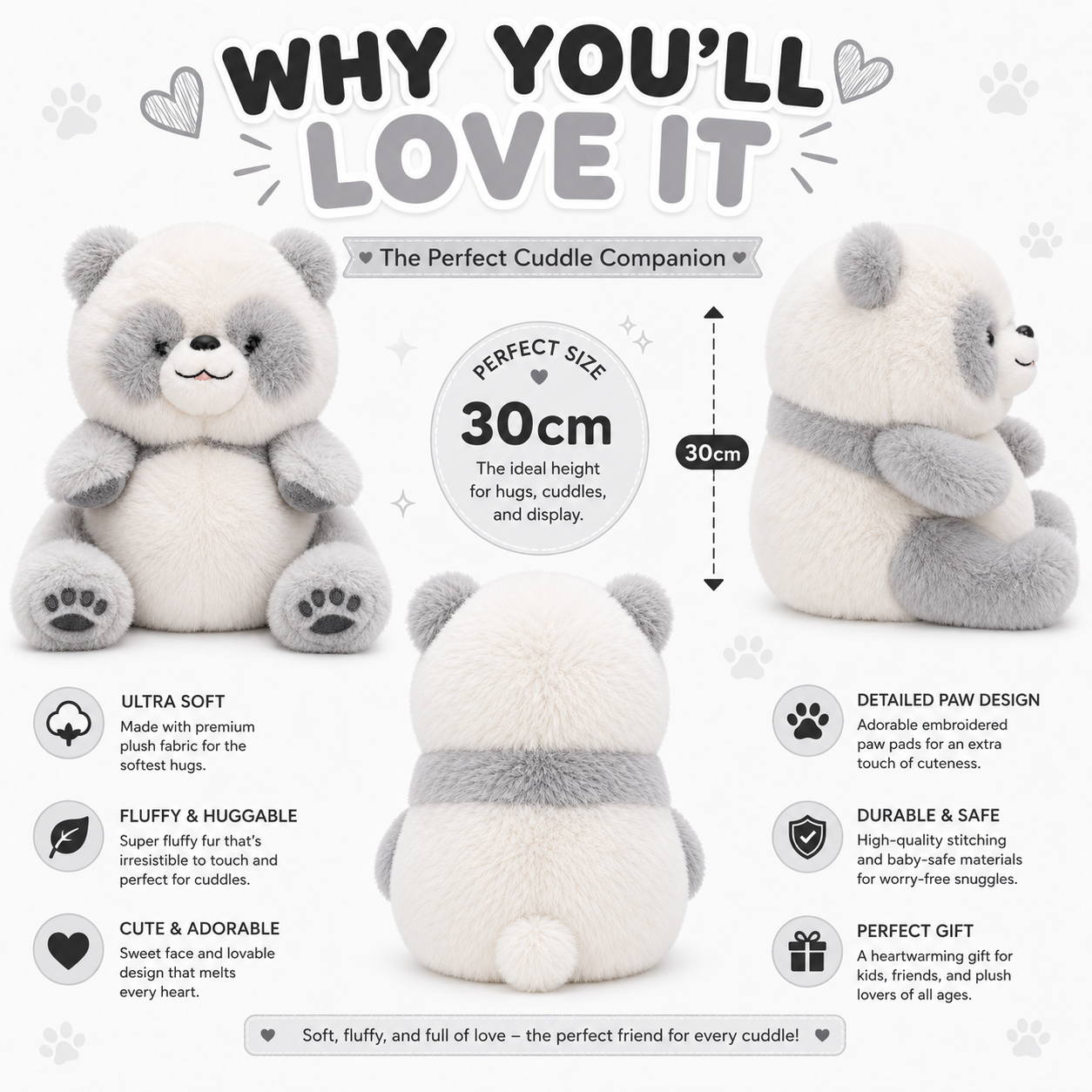 Snowy Panda Plush™ | Ultra-Soft Fluffy Panda Teddy | 30cm Cuddle Companion