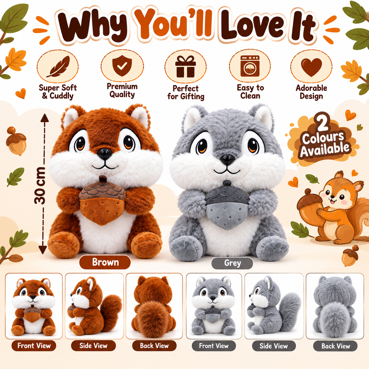 Acorn Buddy Squirrel Plushie – 30cm | Brown & Grey