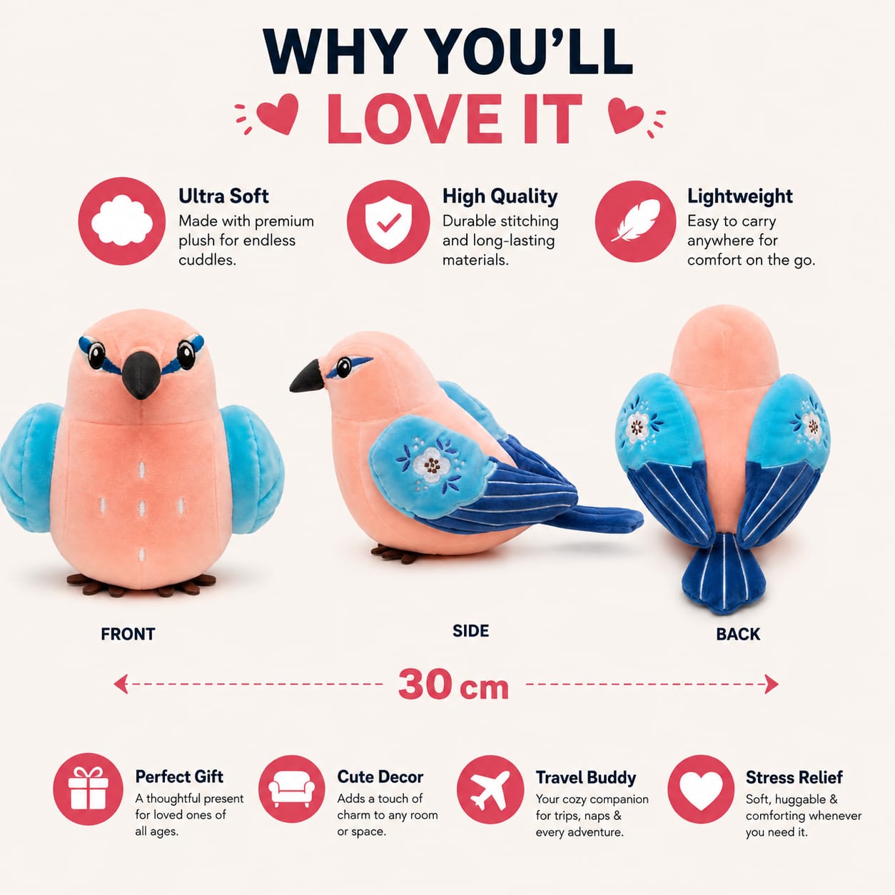 🌸 Blossom Bird Plushie – 30cm 🐦