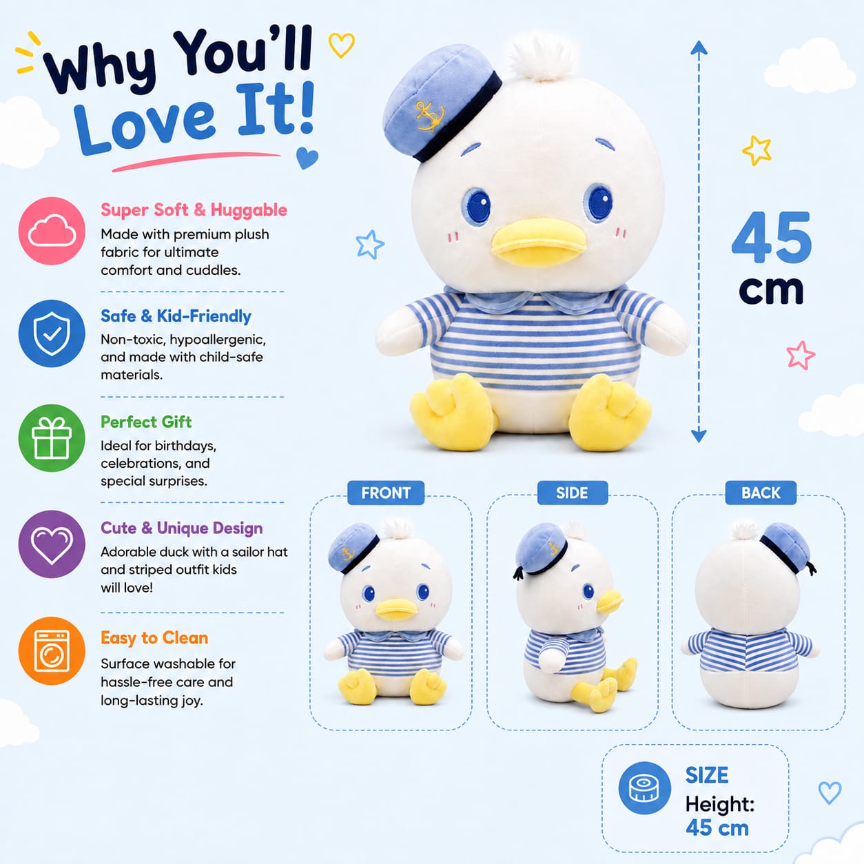 🐥 Sailor Ducky Cuddle Plushie – 45cm