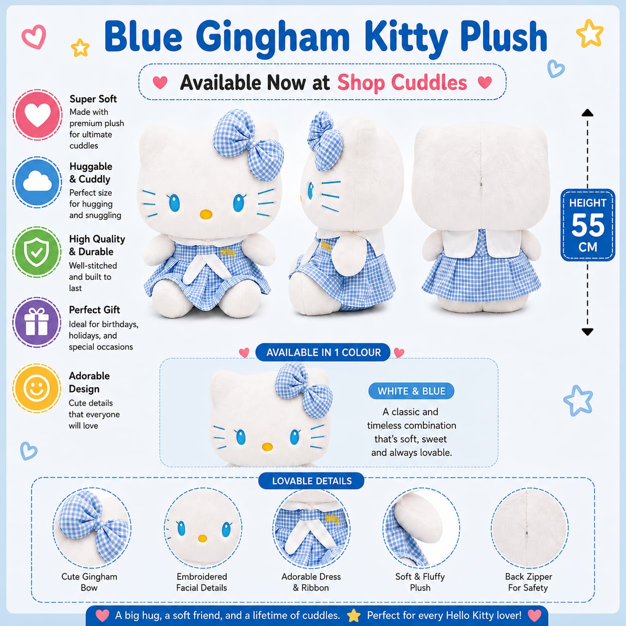 Blue Gingham Kitty Plush – 55cm