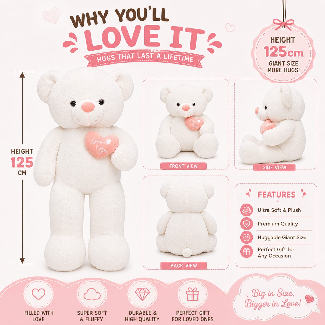 Snowy Love Giant Teddy Bear with Heart Pillow – 125cm | Ultra Soft Plush Gift