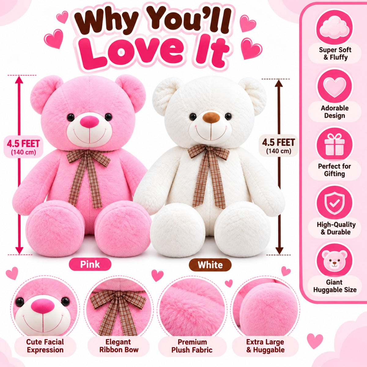CuddleBow Giant Teddy features and colour options