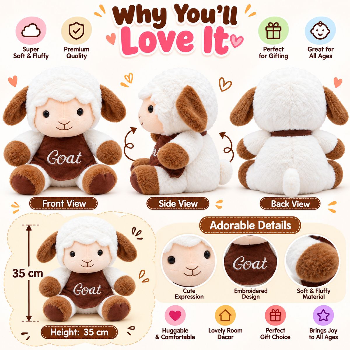 Cuddly Cocoa Goat Plushie – 35cm Soft & Fluffy Cuddle Toy