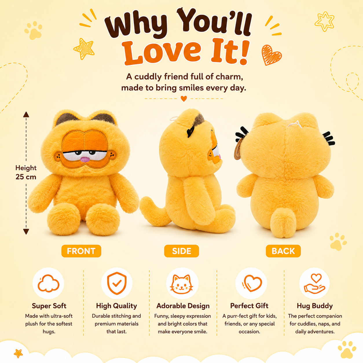 Sleepy Ginger Cat Plush – 25cm Soft Stuffed Kitty Toy