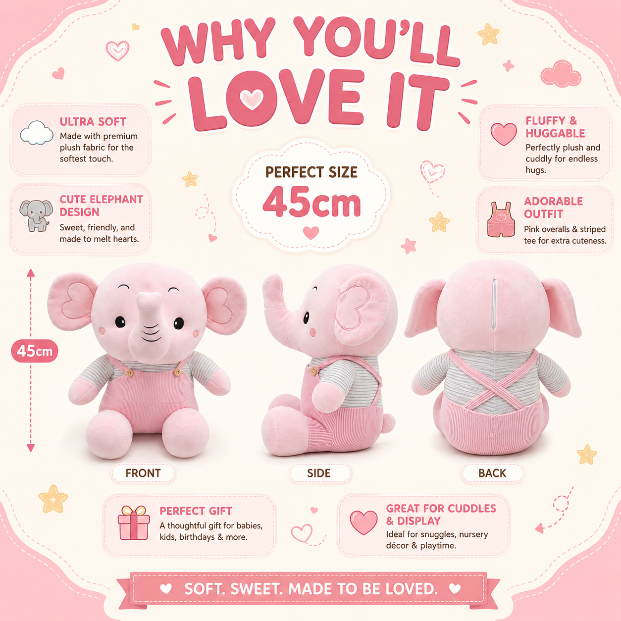 Dreamy Pink Elephant Plushie – Soft Cuddle Elephant Toy with Cute Outfit