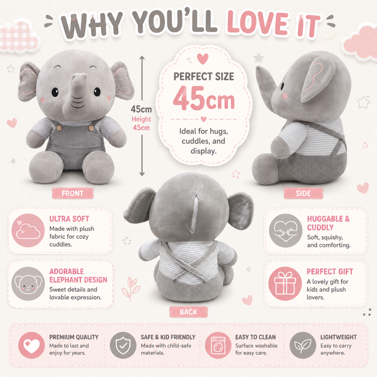 Ellie Snuggle Elephant Plush – 45cm Soft Grey Elephant Toy