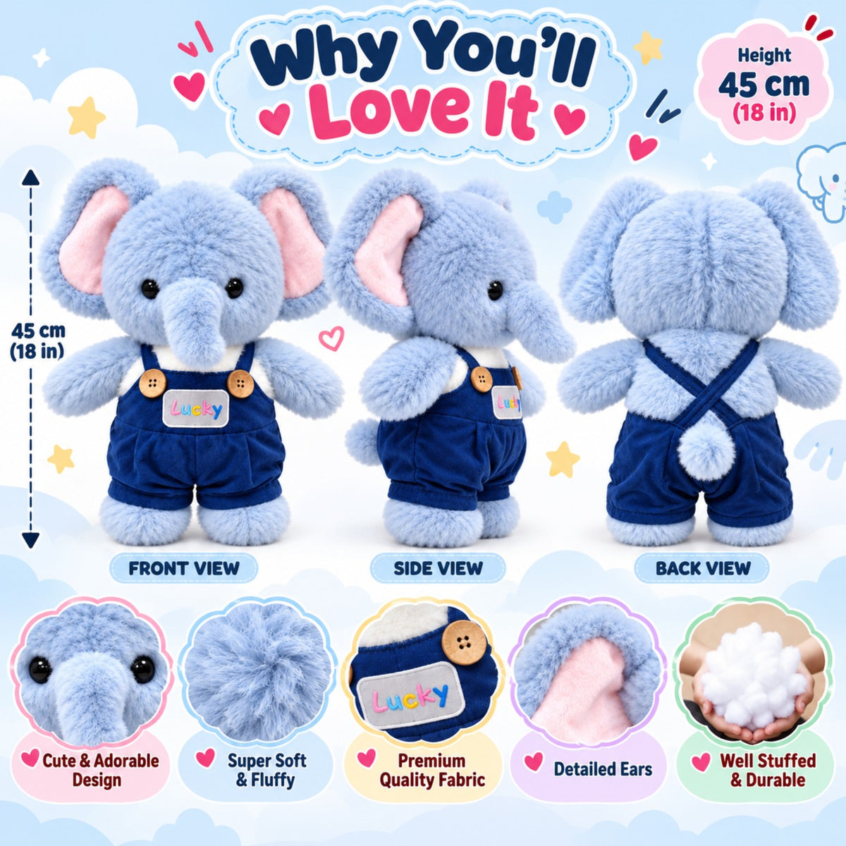 Lucky Little Elephant 45cm features
