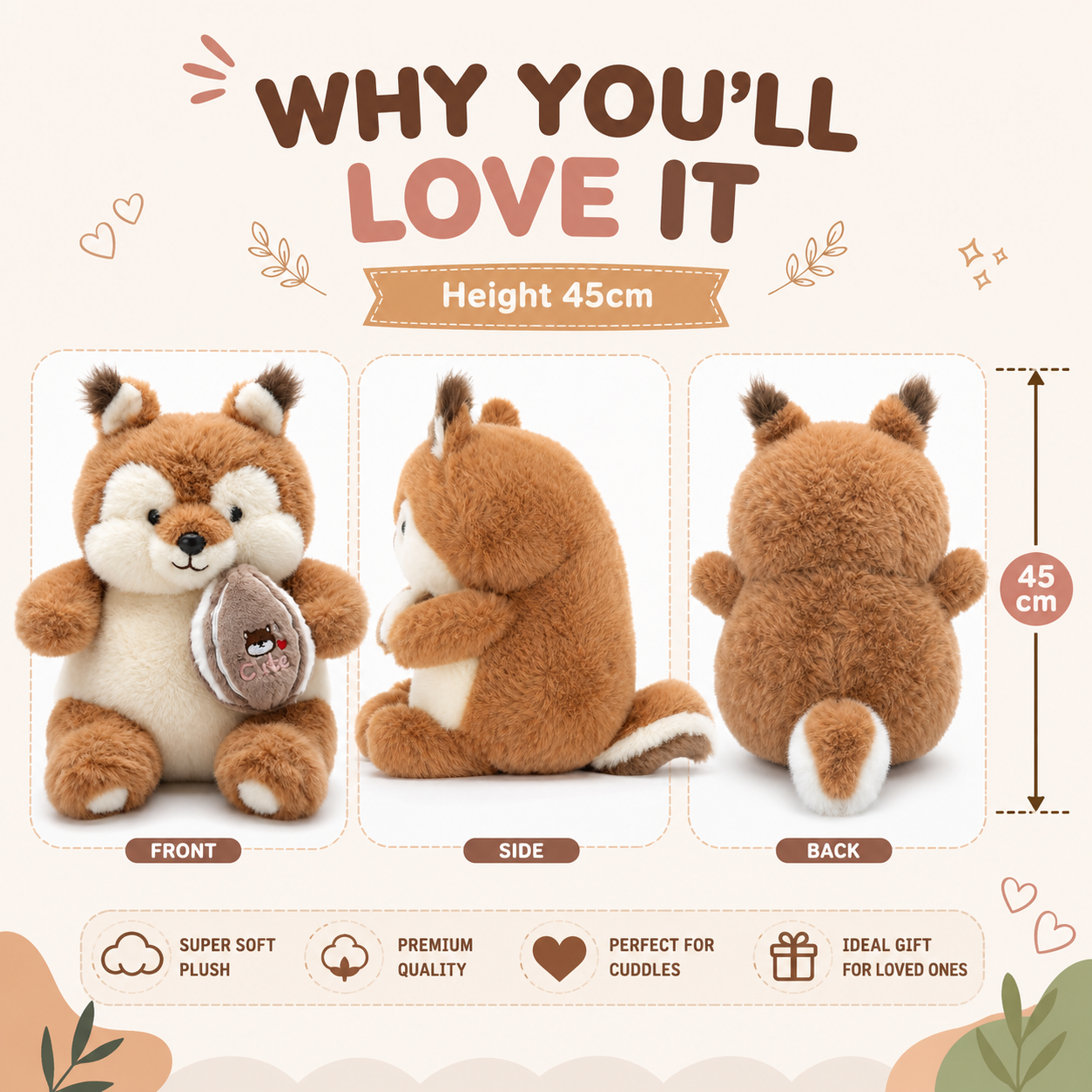 45cm Fluffy Chipmunk Plush Toy with Cute Mini Bag – Soft Stuffed Animal
