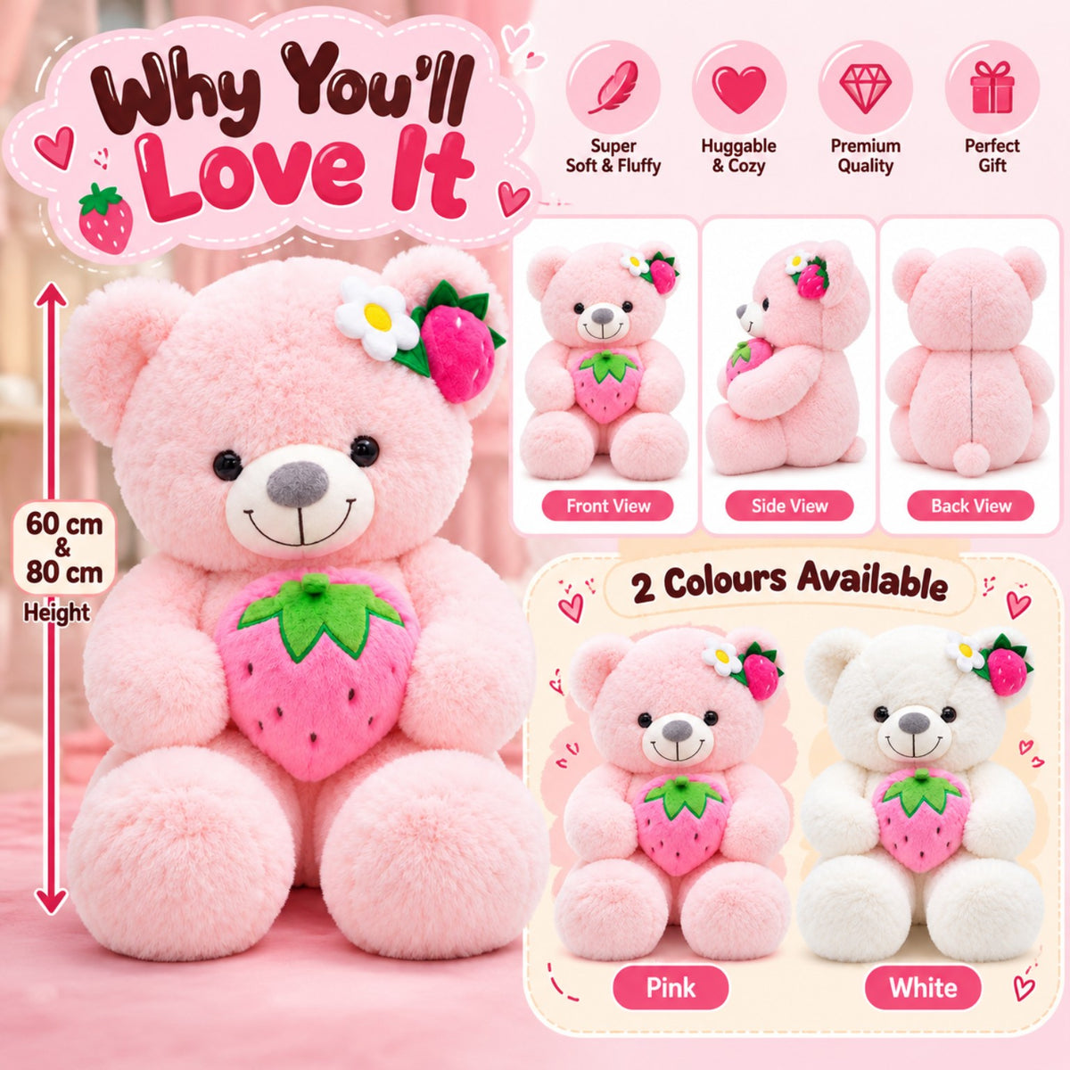 Strawberry Sweetheart Teddy 60cm and 80cm size and color guide