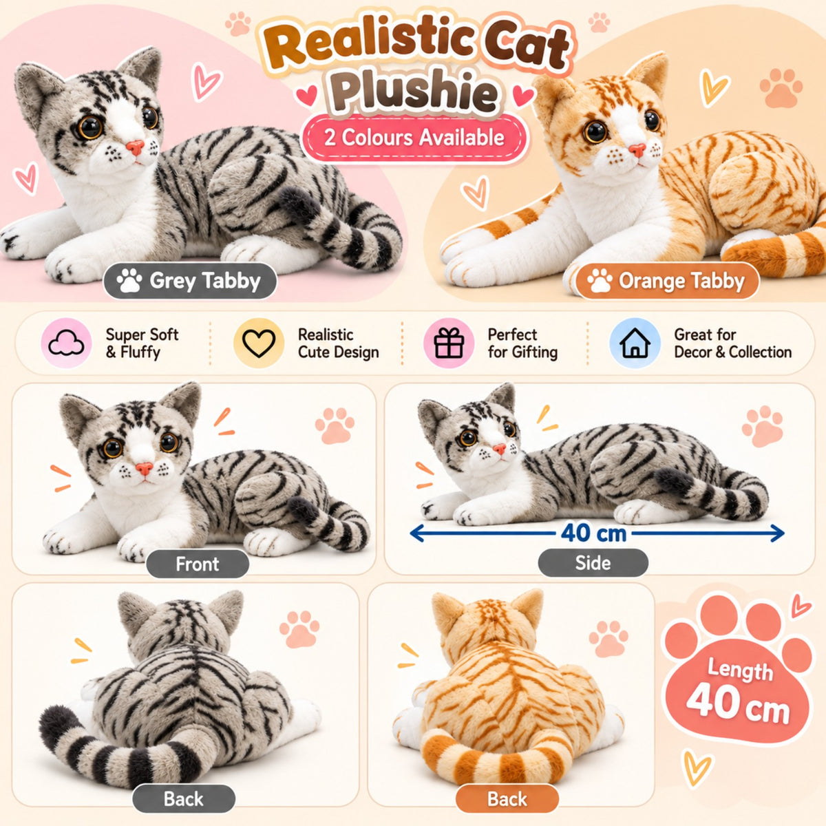 Whisker Stripe Kitty 40cm features and two colour options