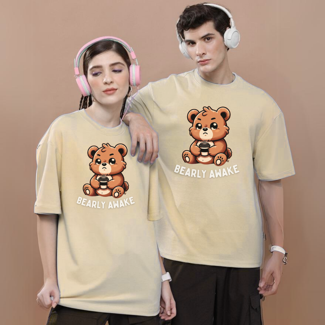 Bearly Awake| Beige T Shirt | Oversized | Unisex