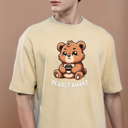 Bearly Awake| Beige T Shirt | Oversized | Unisex