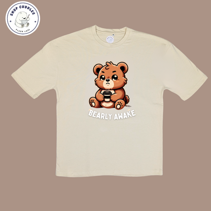 Bearly Awake| Beige T Shirt | Drop- Shoulder | Unisex - Cuddles