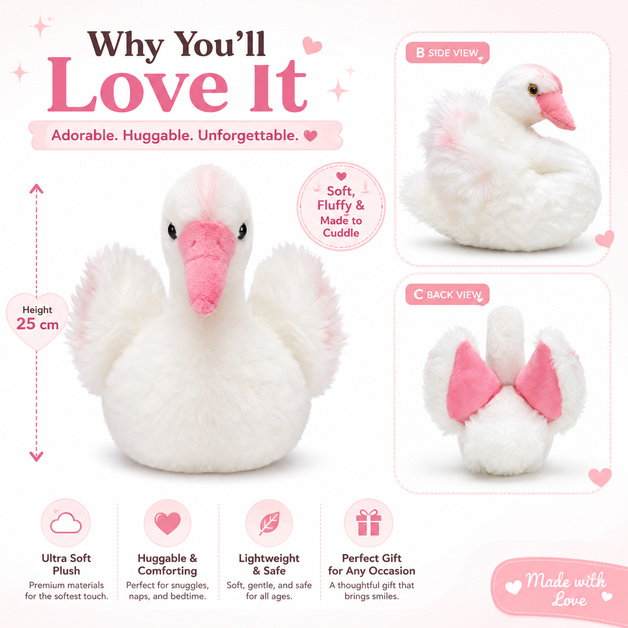 Blush Swan Plush – 25cm Soft White Swan Stuffed Toy