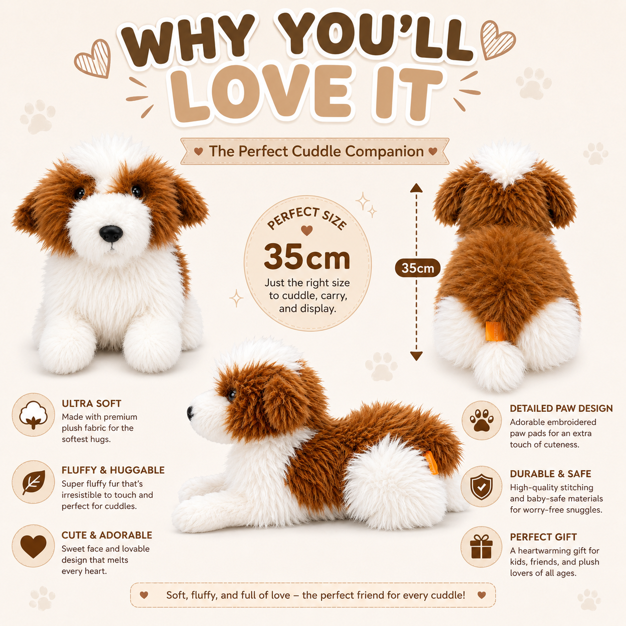 Fluffy Brown & White Puppy Plush – 35cm Ultra Soft Stuffed Dog Toy | Cuddly Companion Gift
