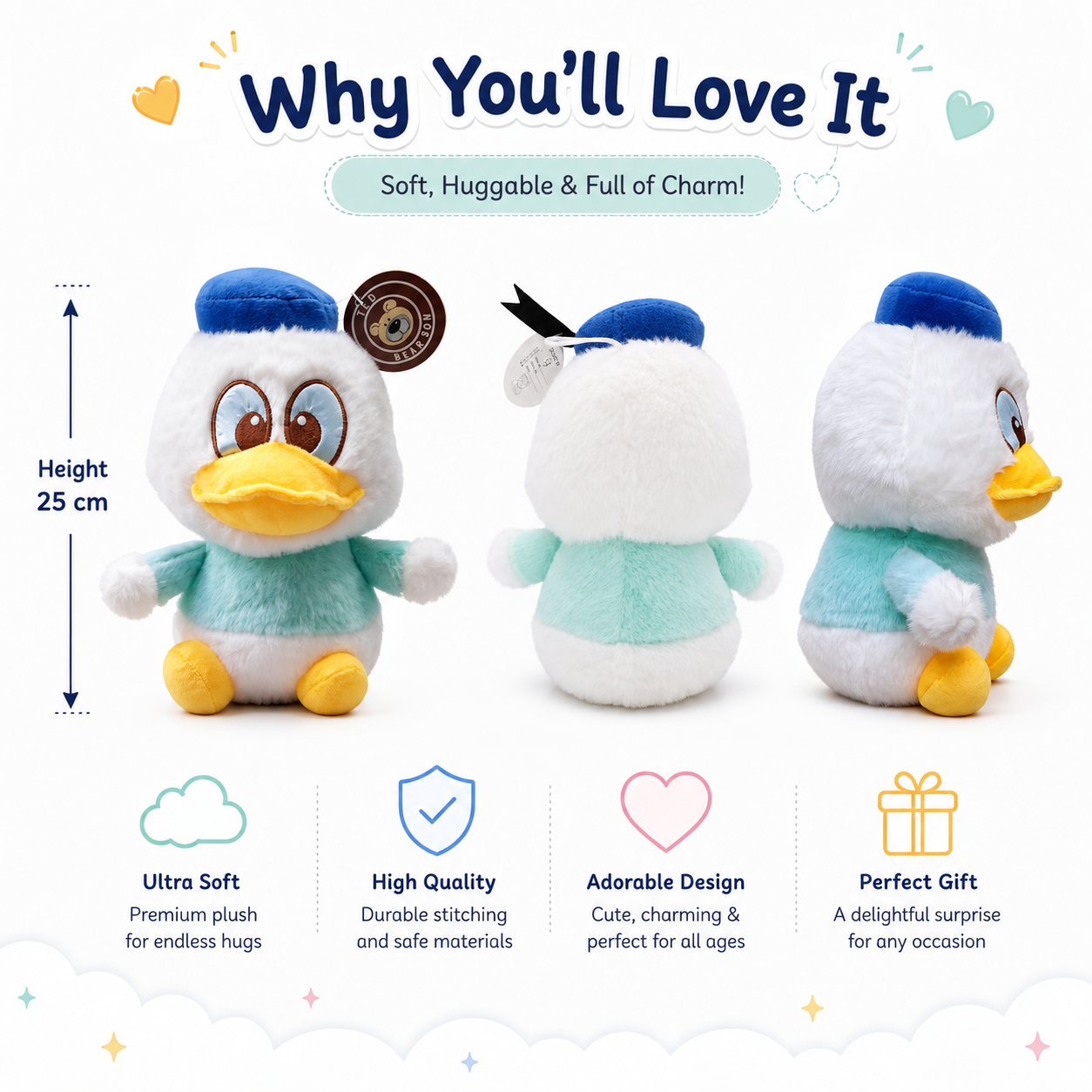 Cute Duck Plush Toy – 25cm Soft Stuffed Duck Doll with Bow | Available in Purple, Pink & Green