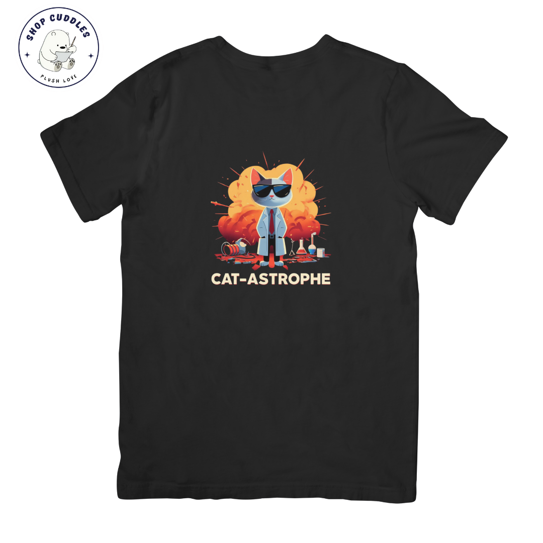 Cat Astrophe | Black T shirt | Drop-Shoulder | Unisex - Cuddles