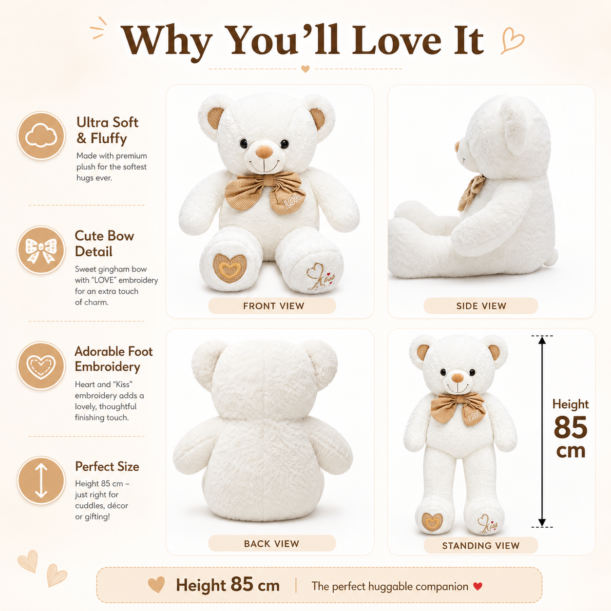 CuddleLove Teddy Bear – 85cm Soft Plush Teddy with Bow