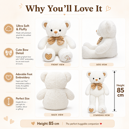 CuddleLove Teddy Bear – 85cm Soft Plush Teddy with Bow