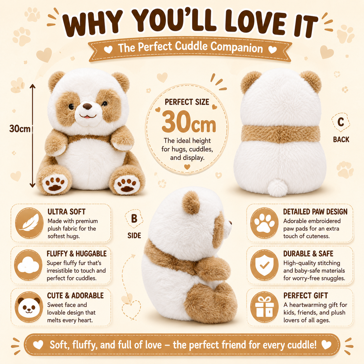 Honey Panda Plush™ | Ultra-Soft Beige & White Panda Bear | 30cm Cuddle Companion