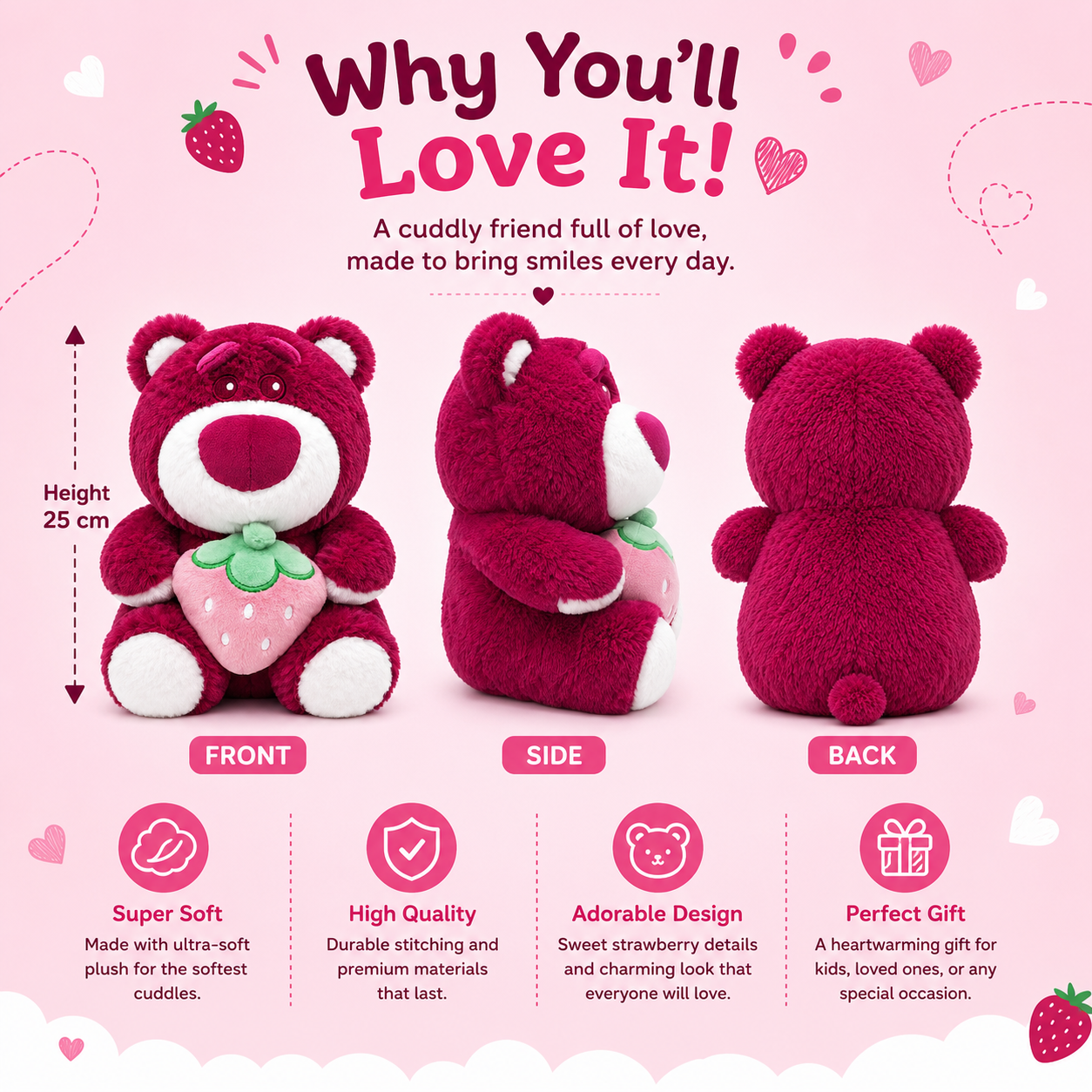 Berry Hug Teddy Plushie – 25cm Strawberry Bear Soft Toy