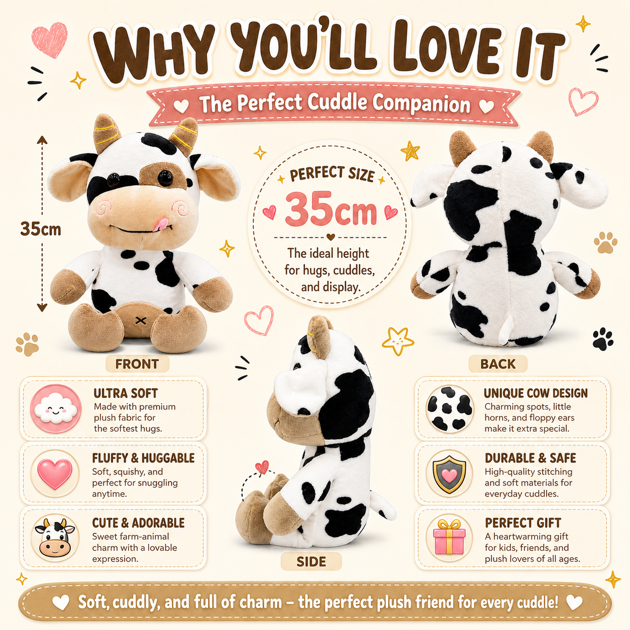 Cuddly Moo Cow Plushie – 35cm Soft Stuffed Animal
