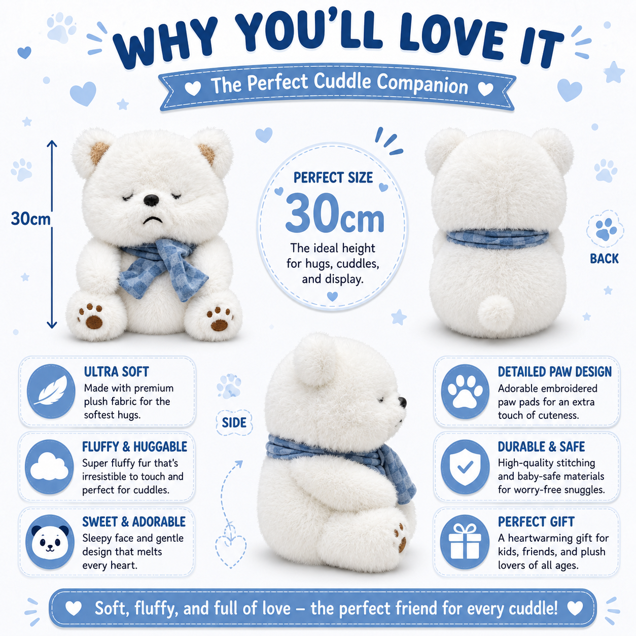 Snowy Scarf Bear Plush™ | Ultra-Soft White Teddy Bear with Blue Scarf | 30cm Cuddle Companion
