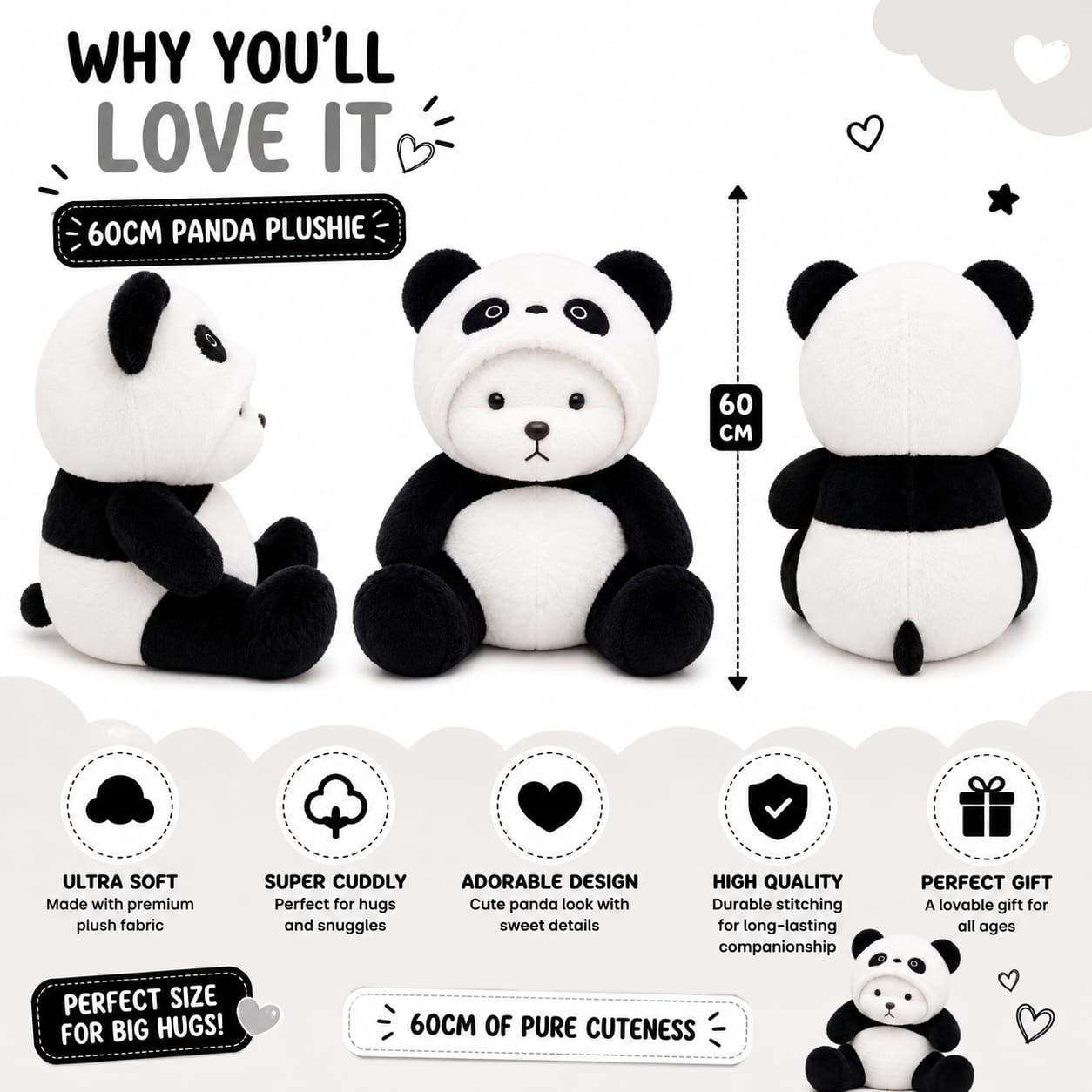 Panda Buddy Plushie – 60cm Ultra Soft Cuddly Stuffed Toy