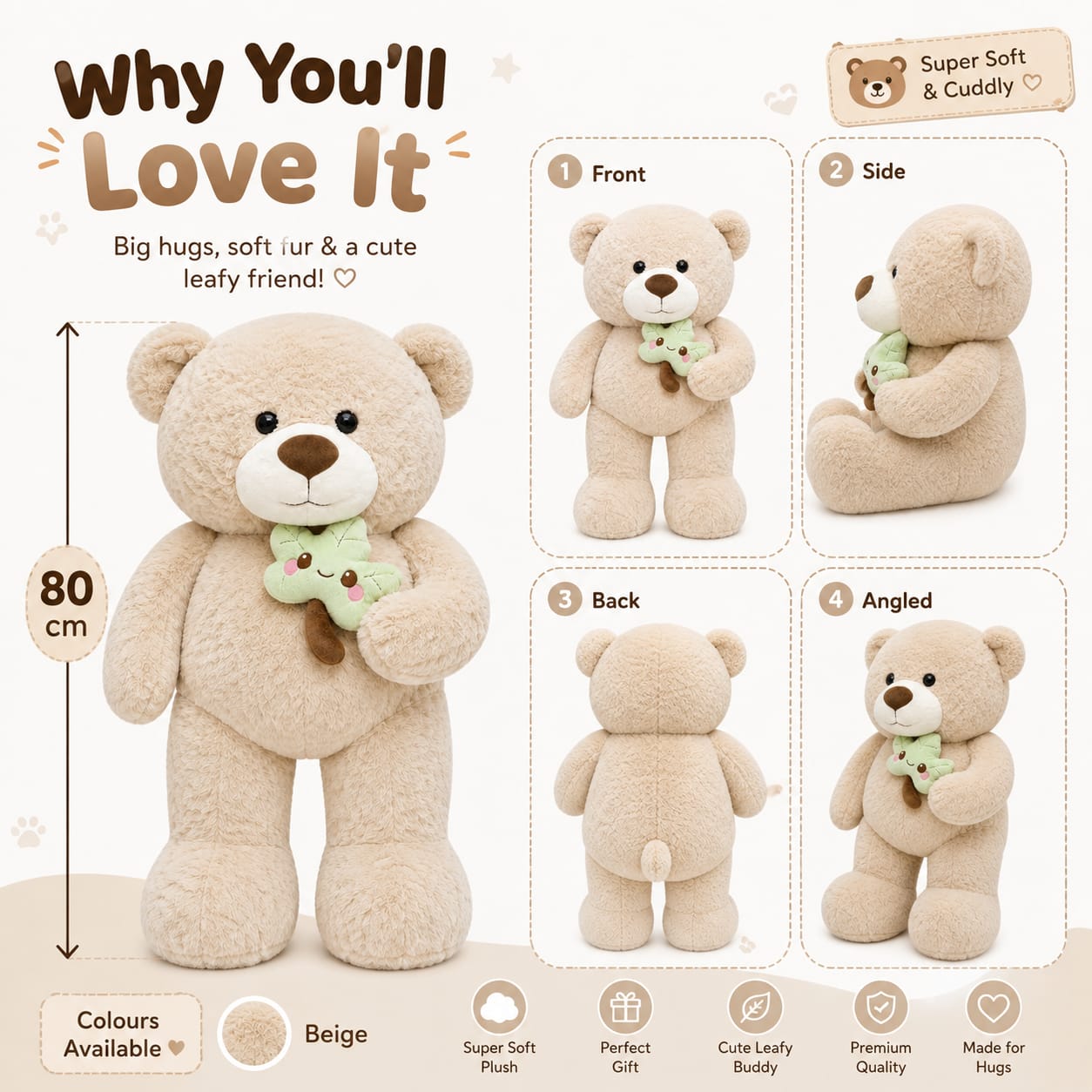 🌿 Leafy Hug Teddy Bear Plushie – 80cm 🧸