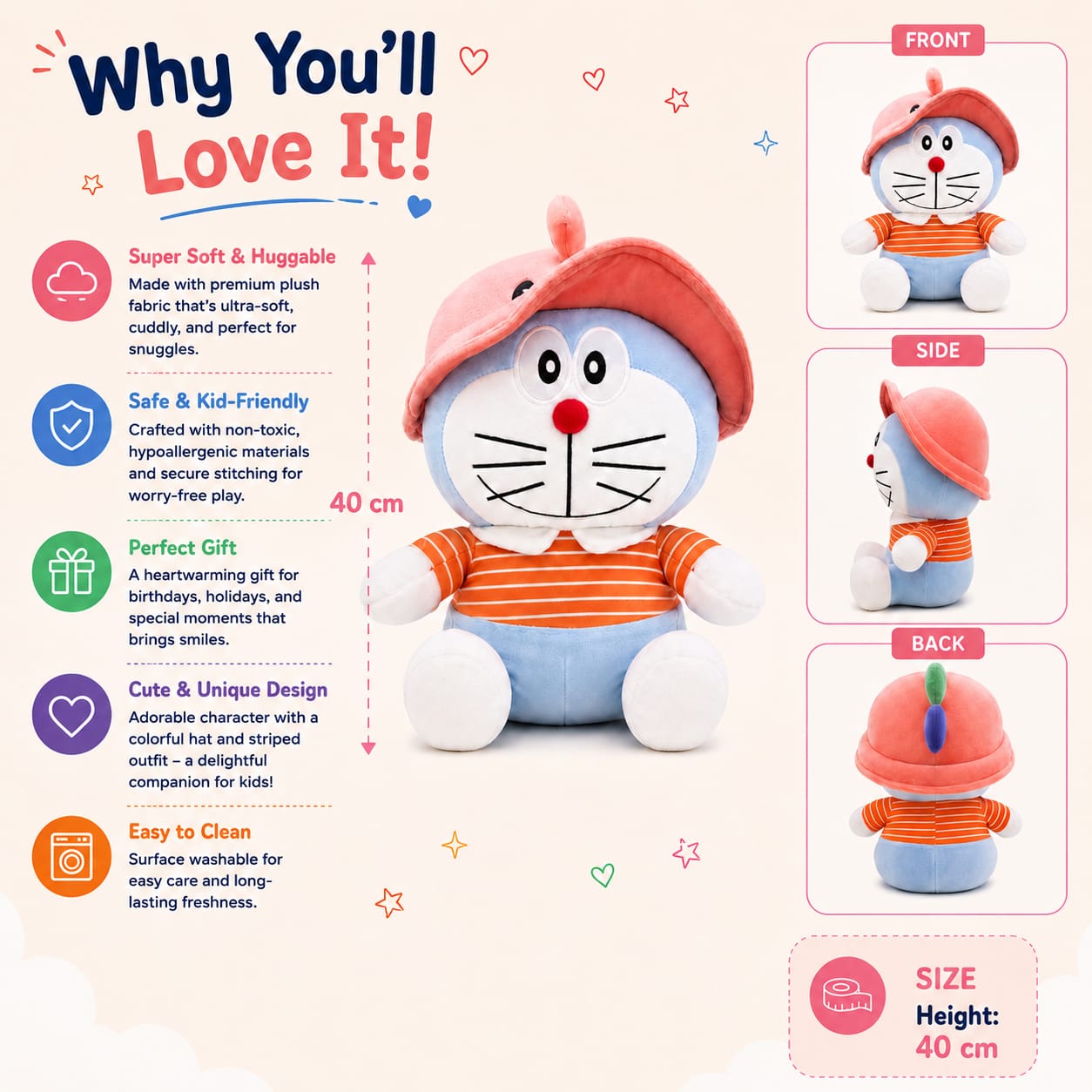 Dino Hat Doraemon Plushie – 40cm