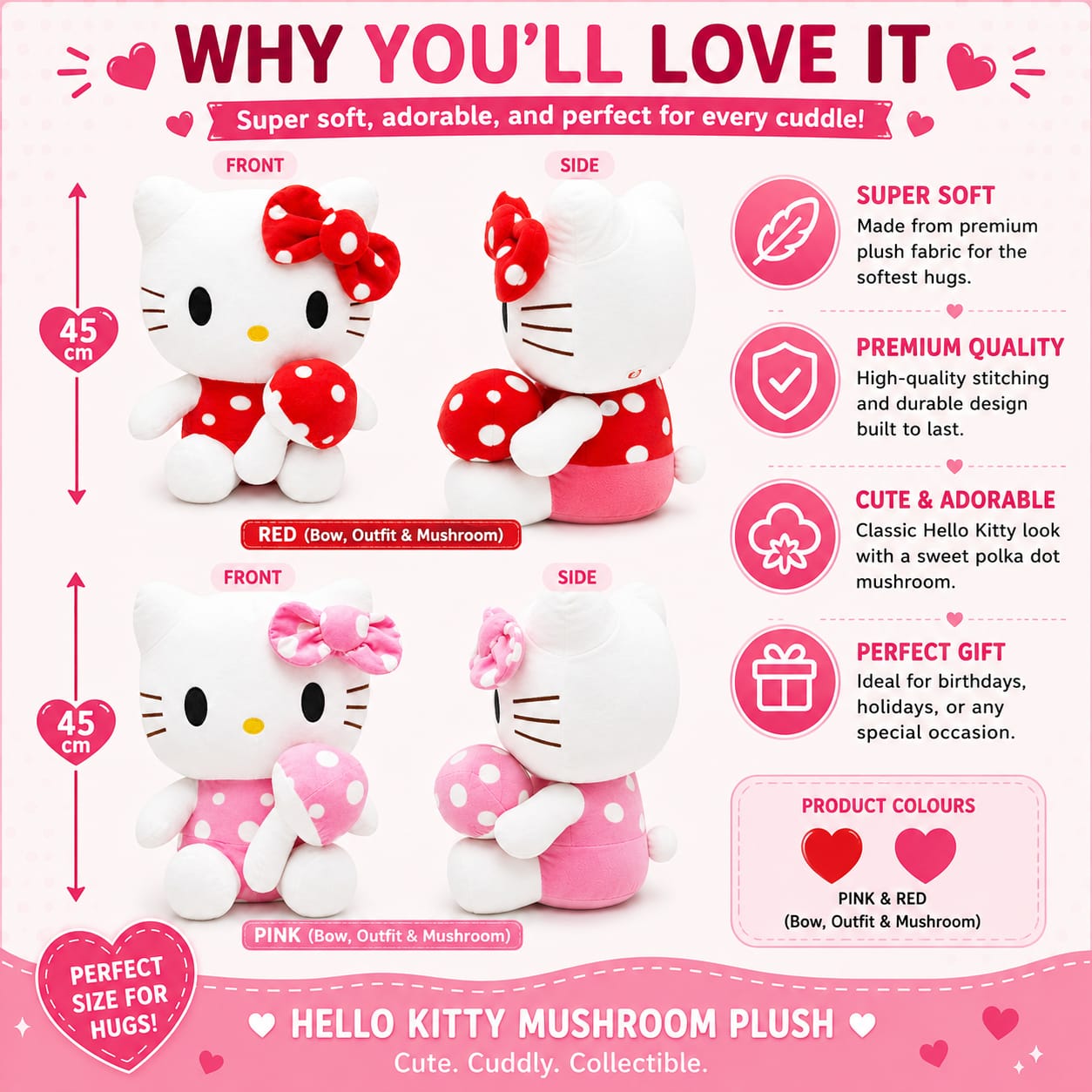 Polka Dot Mushroom Kitty Plushie – 45cm | Pink & Red