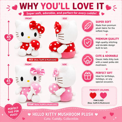 Polka Dot Mushroom Kitty Plushie – 45cm | Pink & Red