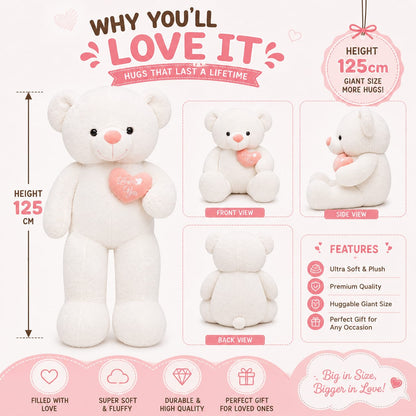 Snowy Love Giant Teddy Bear with Heart Pillow – 125cm | Ultra Soft Plush Gift