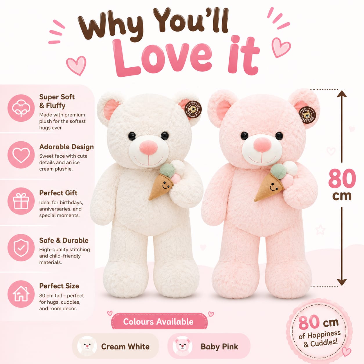 🍦 Sweet Scoop Teddy Bear Plushie – 80cm