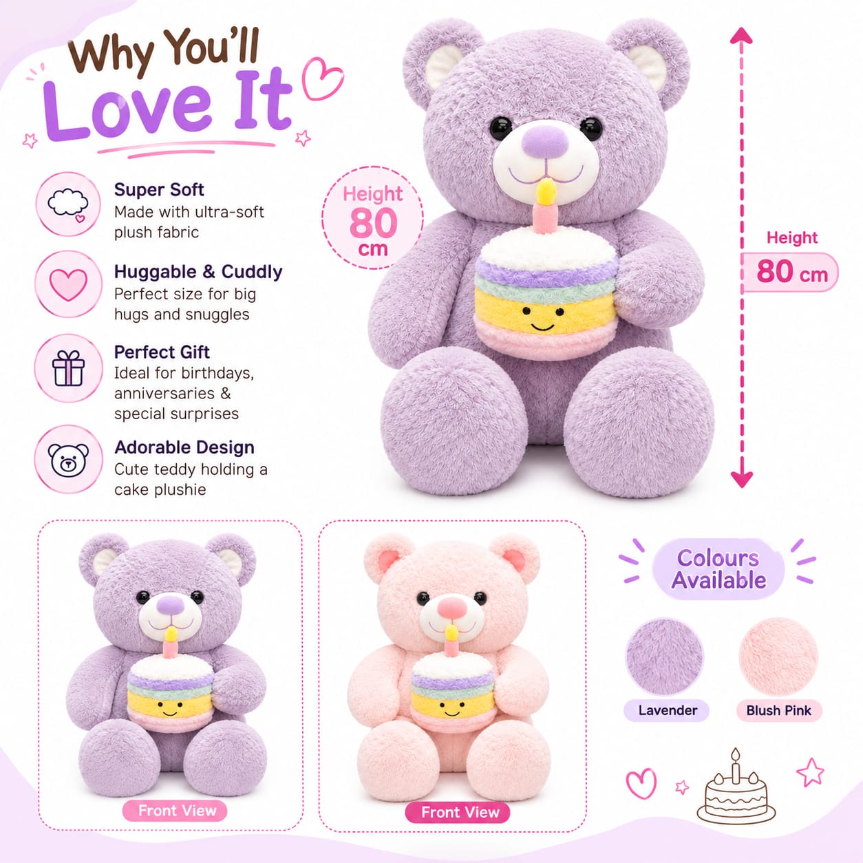 Birthday Cake Cuddle Teddy – 80cm 🎂🧸