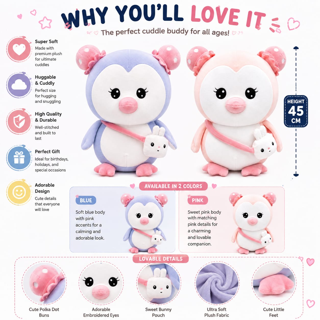 Bunny Pouch Penguin Plushie – 45cm | Available in Pink & Blue