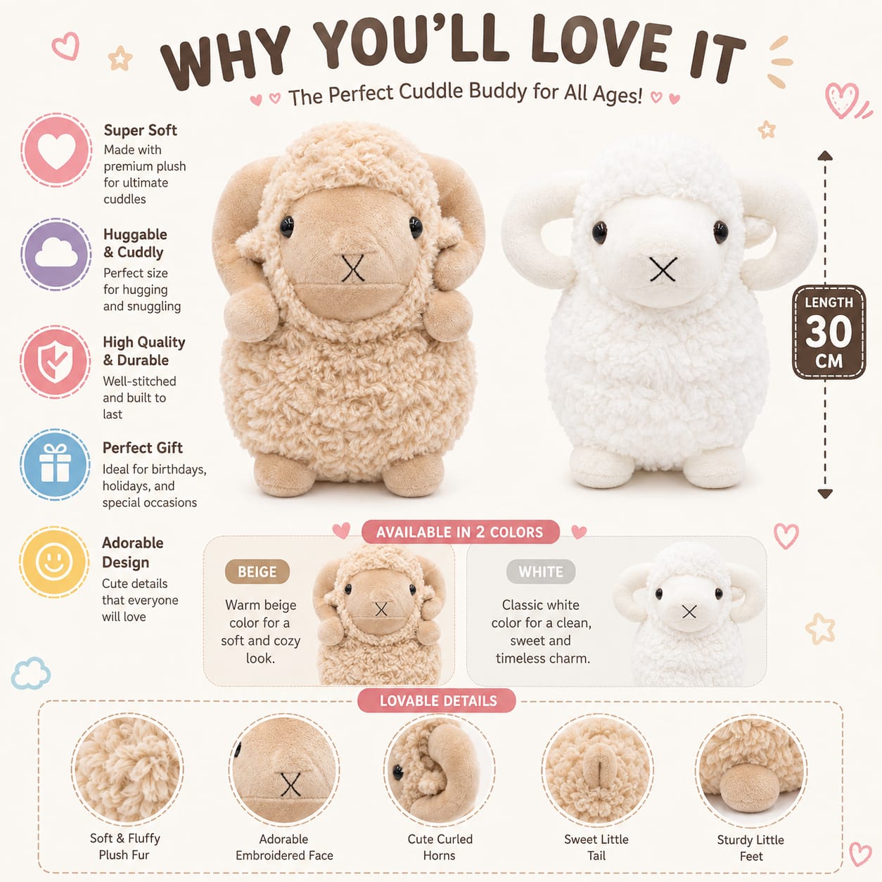Cozy Curly Horn Sheep Plushie – 30cm | Super Soft & Cuddly