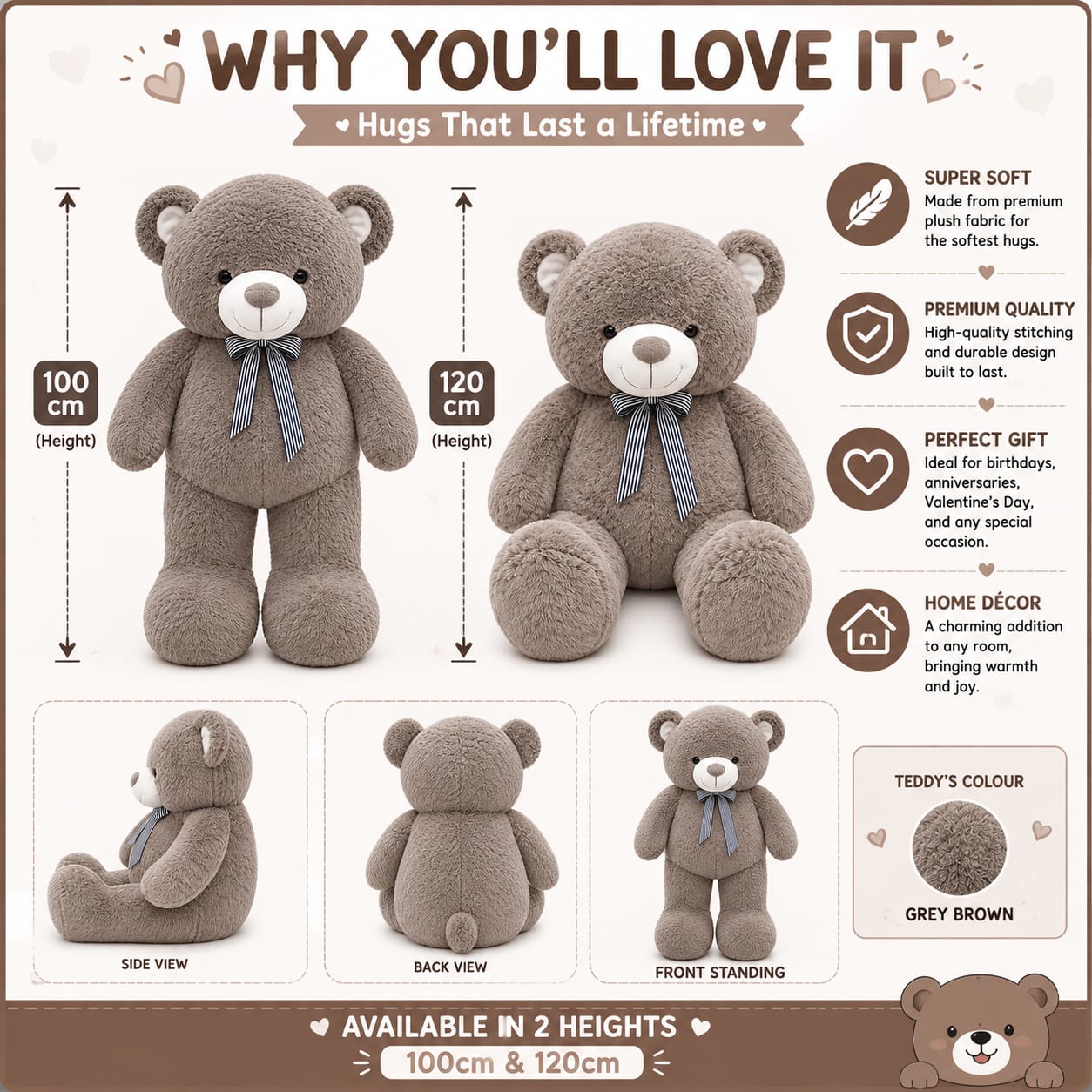 Giant Grey Brown Teddy Bear with Striped Bow – 100cm & 120cm