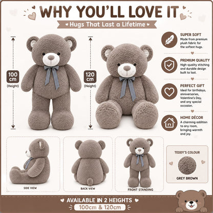 Giant Grey Brown Teddy Bear with Striped Bow – 100cm & 120cm