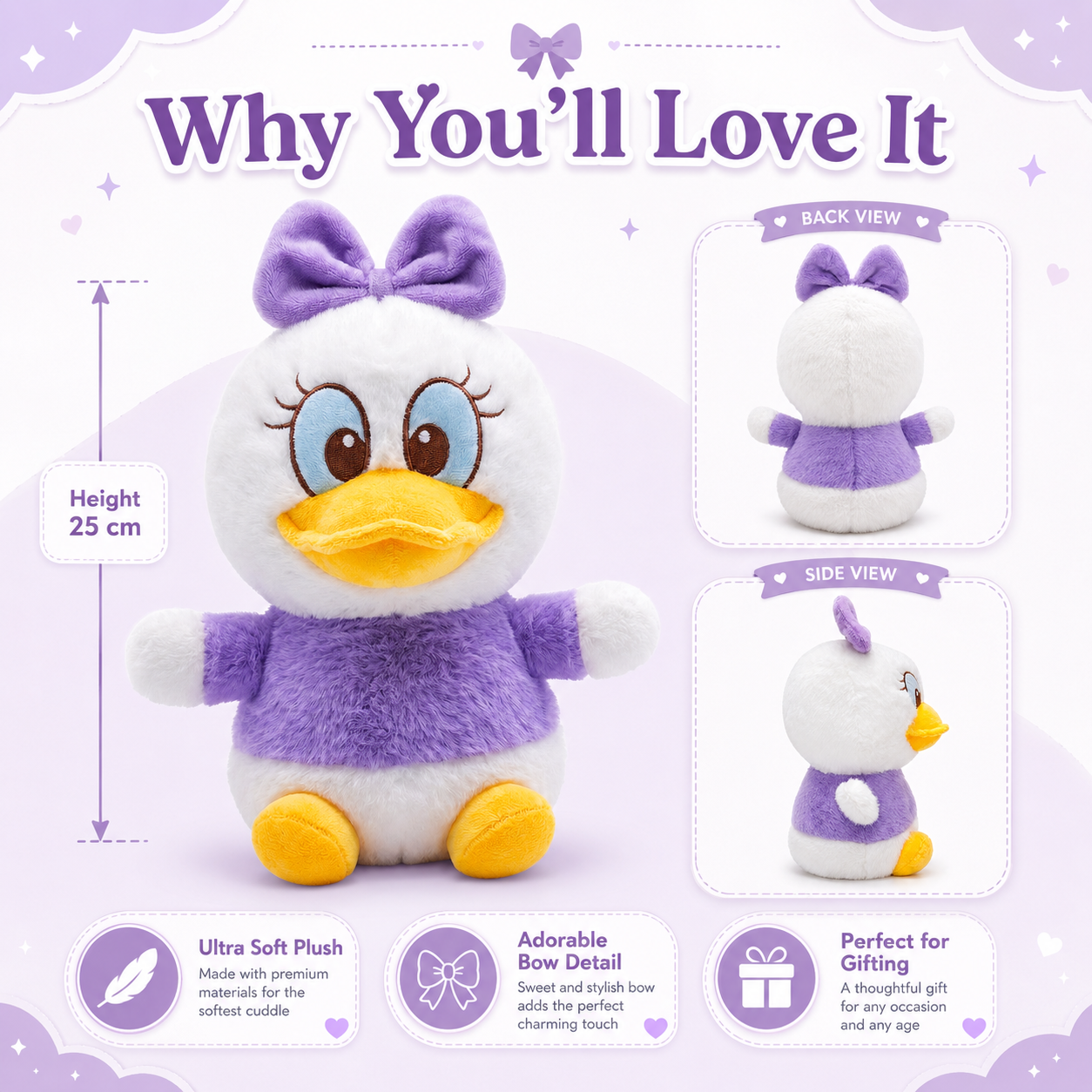 Purple Bow Duck Plush Toy – 25cm Soft & Cute Cuddle Doll