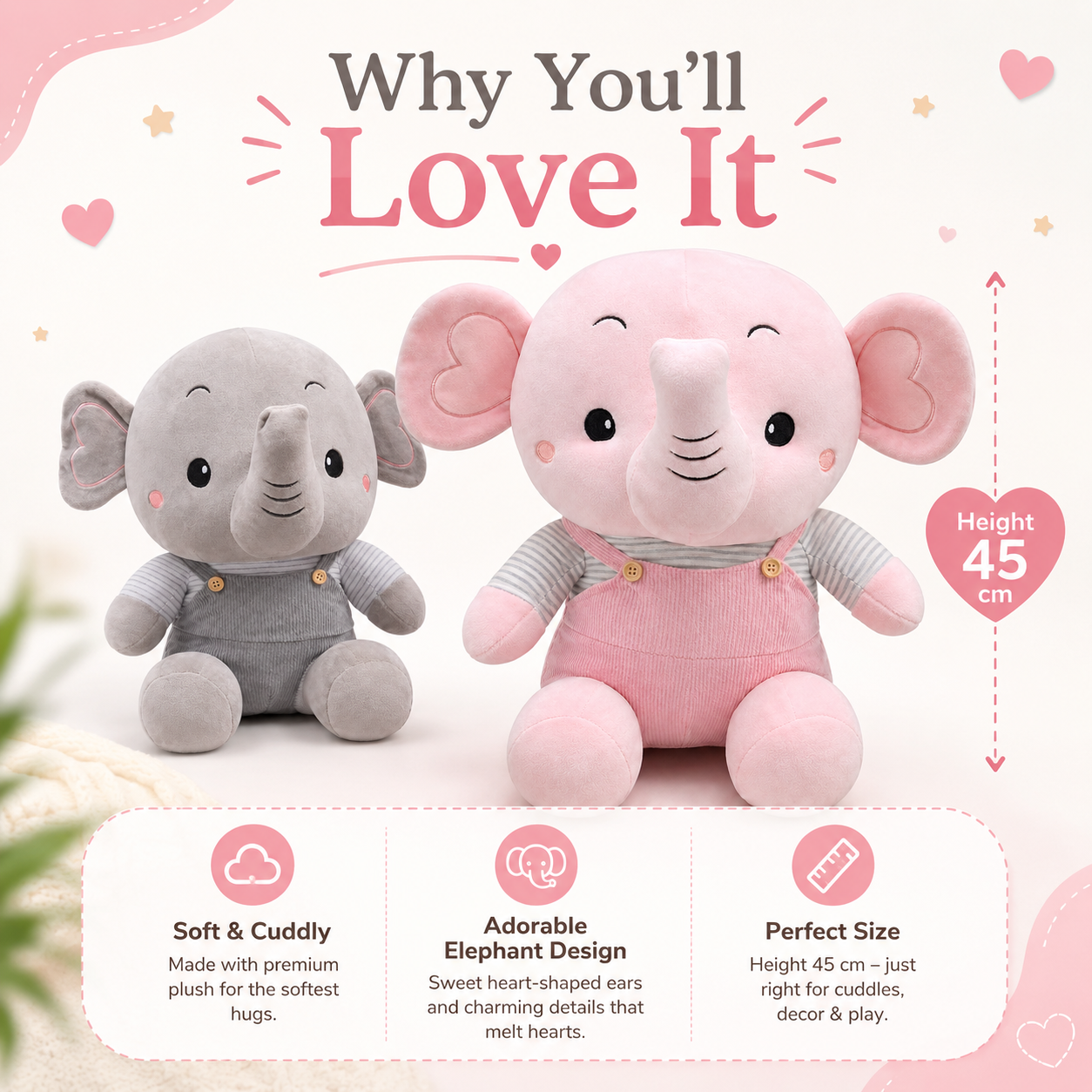 45cm Cute Elephant Plush Toy – Soft Cuddly Elephant Doll with Heart Ears