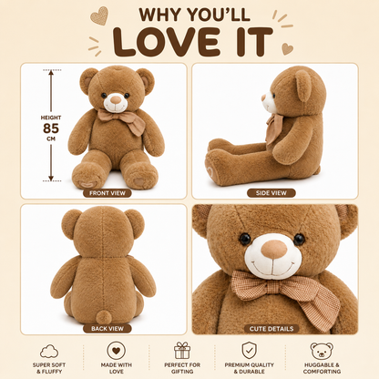 Caramel Cuddle Teddy Bear – 85cm Soft Plush Teddy with Bow