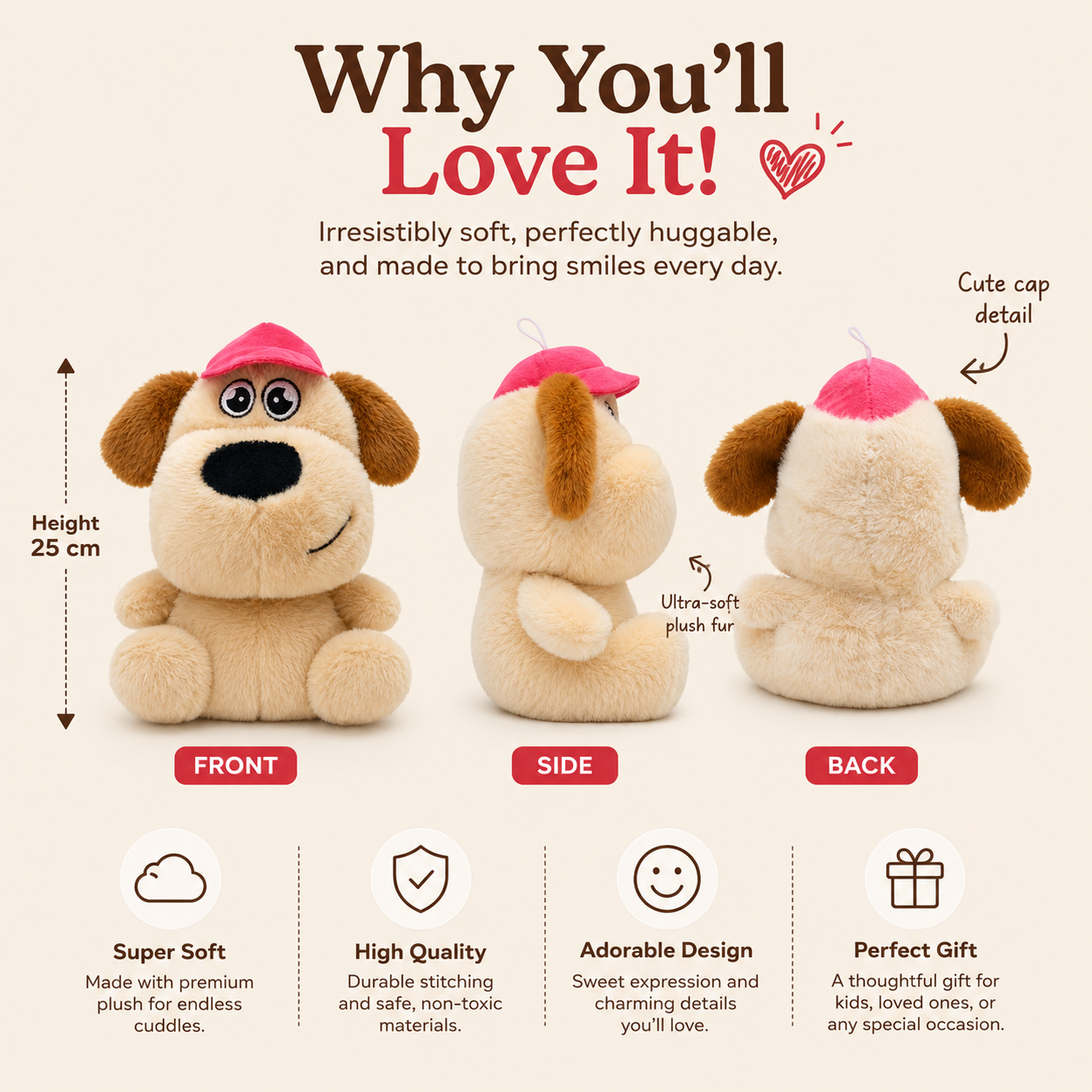 Pinky Cap Puppy Plushie – 25cm Soft Stuffed Dog Toy