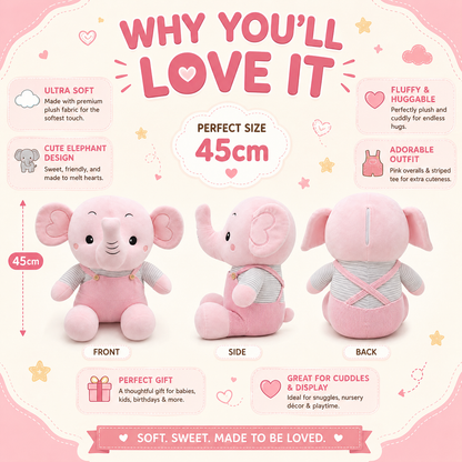 Dreamy Pink Elephant Plushie – Soft Cuddle Elephant Toy with Cute Outfit