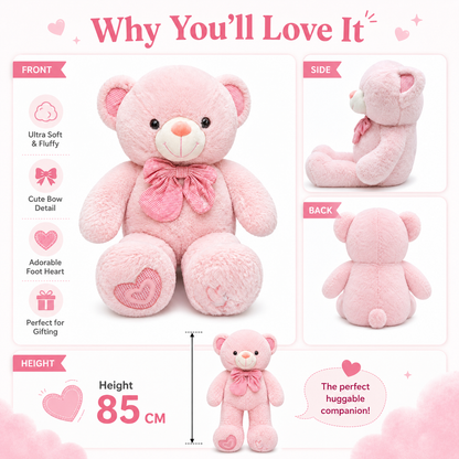 Pink CuddleLove Teddy Bear – 85cm Soft Plush Teddy with Bow