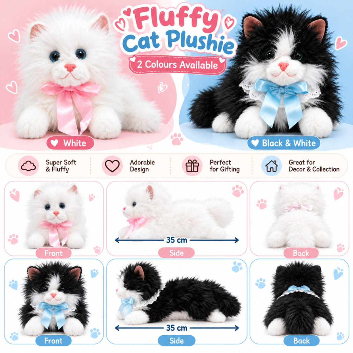 Fluffy Ribbon Kitty 35cm features and two colour options