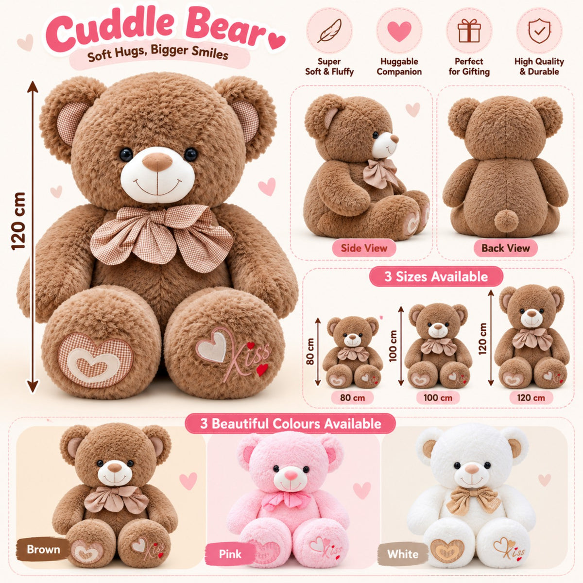 Heart Kiss Cuddle Teddy size and colour guide