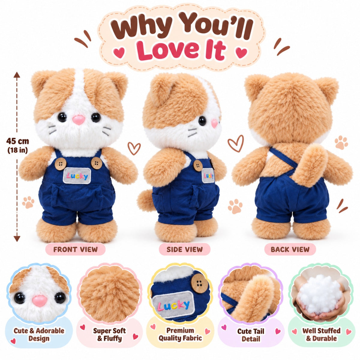 Lucky Ginger Kitty 45cm features